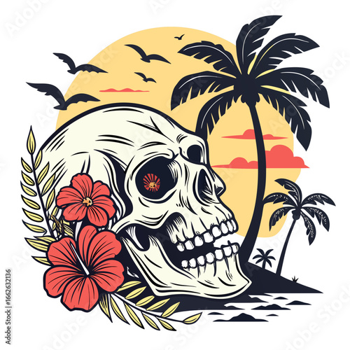 Pirate skull with palm tree on tropical beach illustration
