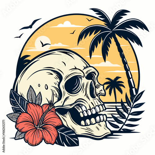 Pirate skull with palm tree on tropical beach illustration