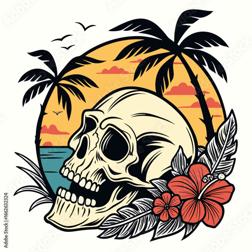 Pirate skull with palm tree on tropical beach illustration