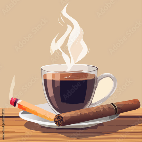 A soothing moment of pure relaxation, savoring the rich aroma of freshly brewed coffee paired with the comforting presence of hand-rolled cigars on a warm wooden surface