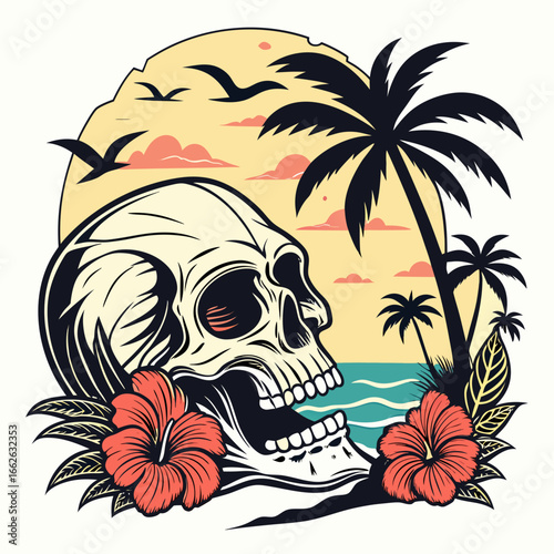 Pirate skull with palm tree on tropical beach illustration