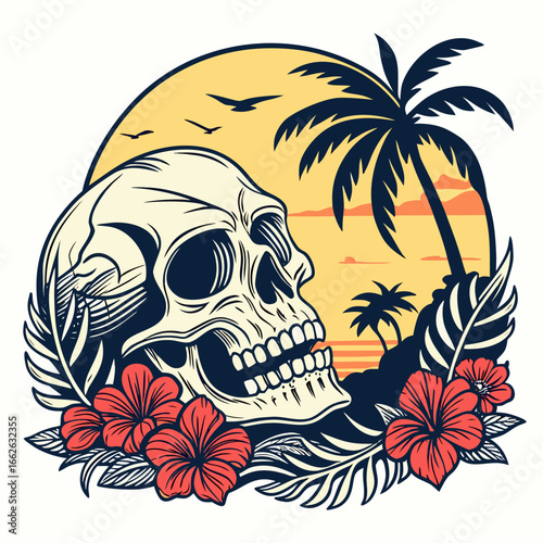 Pirate skull with palm tree on tropical beach illustration
