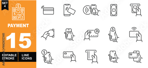Payment line icon set. Exclusive Payment line icon collection. Containing QRcode, Creditcard, Mobilepay, Contactless, Banknote, Cashier, Cardinsert, Phonepay, Wallet, ATM, and more. Editable stroke