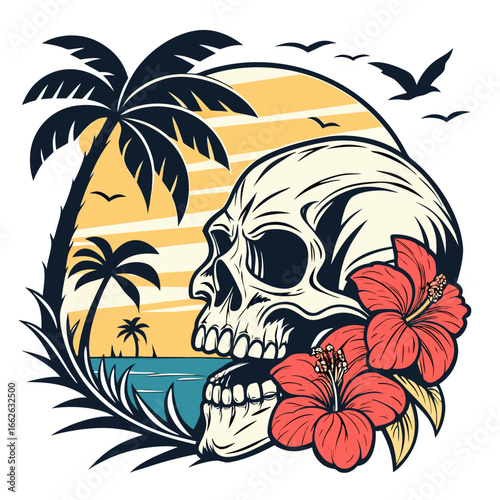 Pirate skull with palm tree on tropical beach illustration
