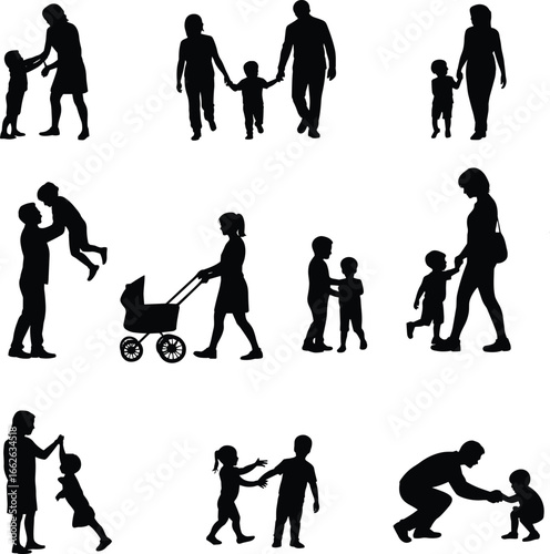Silhouettes of Family Activities: Parents with Children, Holding Hands, Playing, Walking, and Pushing a Stroller in Black and White