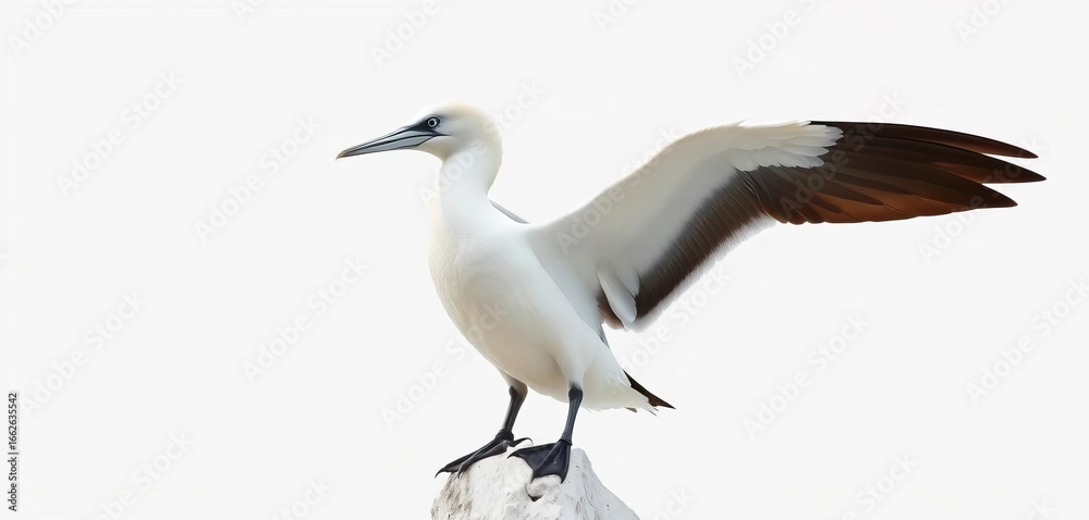 Fototapeta premium A northern gannet perched, wings slightly spread, against a pure white background, bird of prey, diving bird