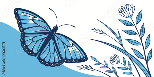 Stylised blue butterfly illustration, vector artwork with clean blue backdrop.
