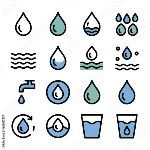 Sixteen water droplet and liquid icons featuring blue and teal colors and a recycling symbol