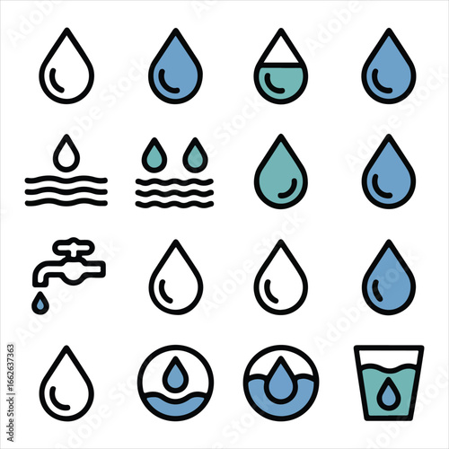 Collection of sixteen water drop and liquid related icons with blue and teal accents droplet