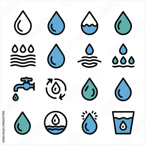 Set of sixteen water droplet and liquid icons in blue and teal with a recycling symbol variation