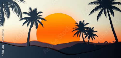 Layered paper cut palm tree silhouette against vibrant orange sunset, tropical landscape,  aesthetic,   layered paper