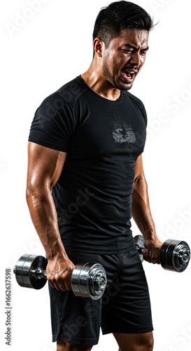 Determined man with sweat on face lifting heavy dumbbells during intense workout isolated on transparent background