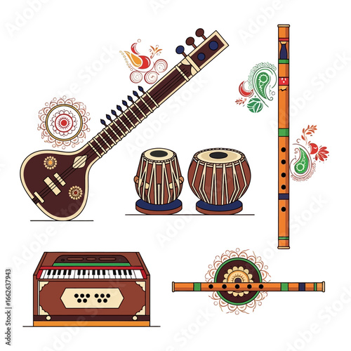 A collection of traditional Indian musical instruments, including a sitar, tabla drums, a harmonium, and a flute, adorned with decorative patterns.