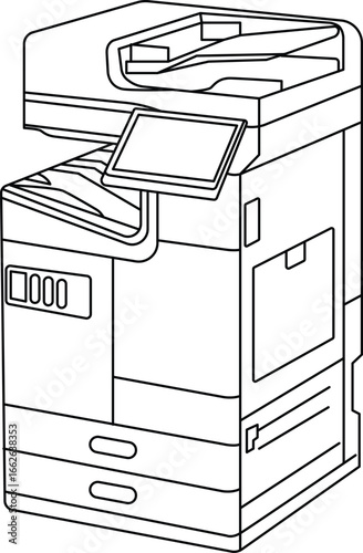 Line art illustration of a multifunction office photocopier with touchscreen panel and paper trays, isolated on white background.