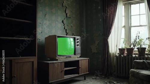Vintage Television with Green Screen in a Dark, Abandoned Room.