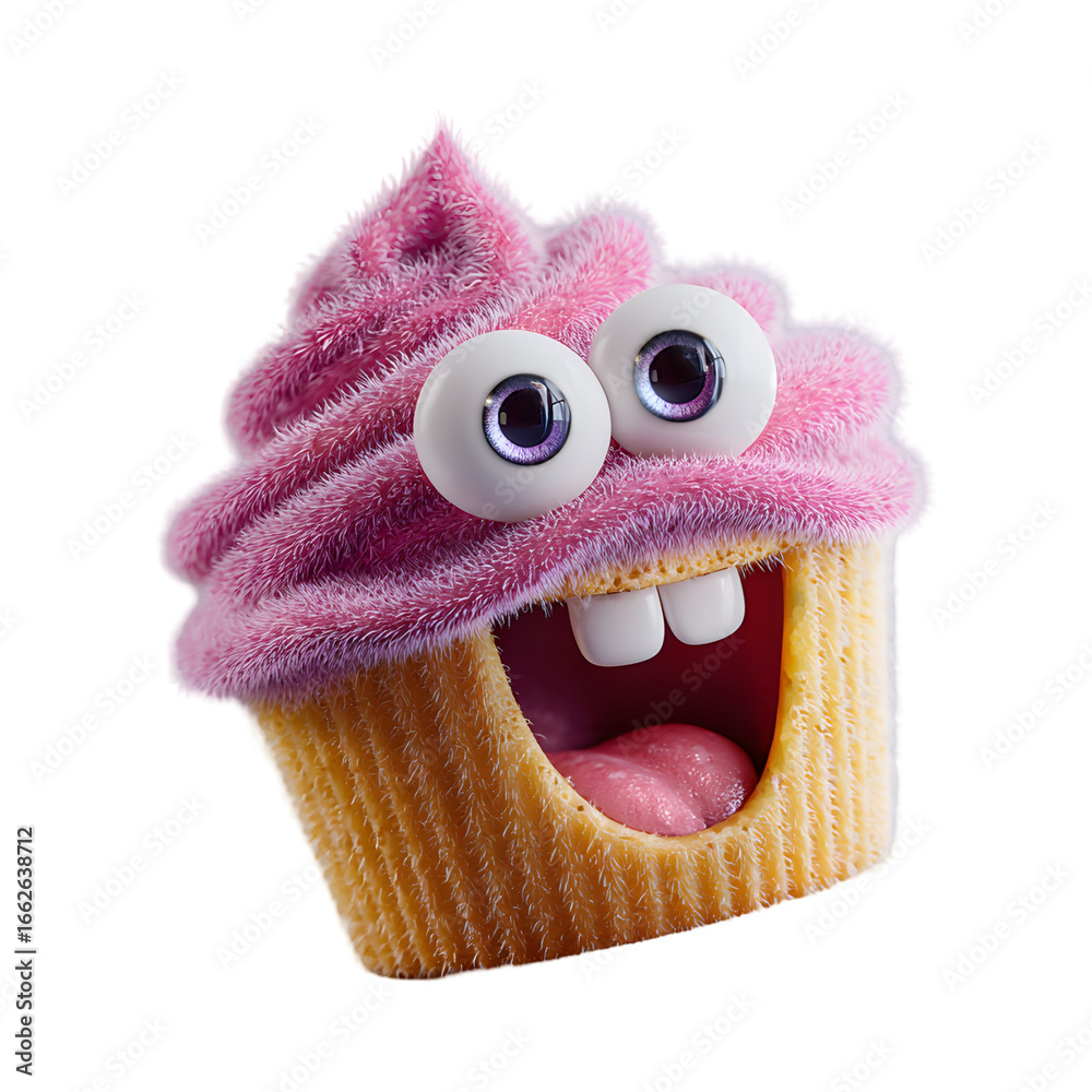 Fototapeta premium Funny cupcake character with googly eyes and mouth on a transparent background