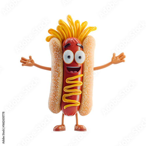 Whimsical 3D Render of a Smiling Hot Dog Character with Fries and Mustard