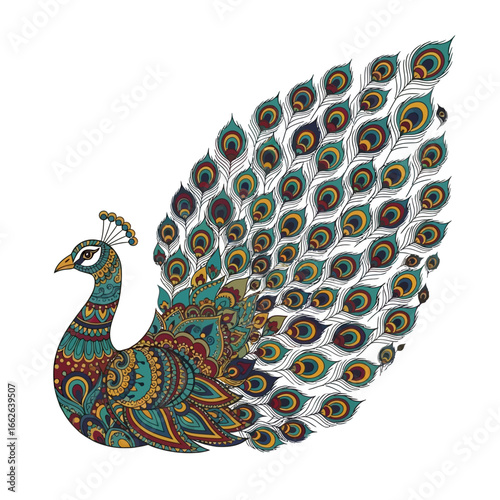 A beautifully stylized illustration of a peacock with an intricately patterned body and a fanned tail adorned with detailed feather designs.