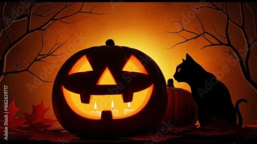 Halloween Pumpkin and Black Cat Spooky Scene.