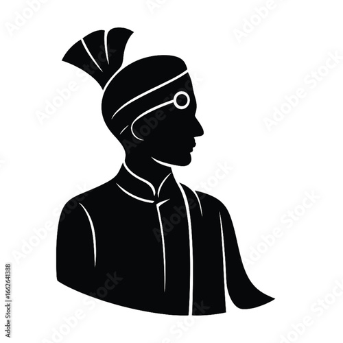 Silhouette of an Indian groom or prince wearing a traditional turban and monocle.