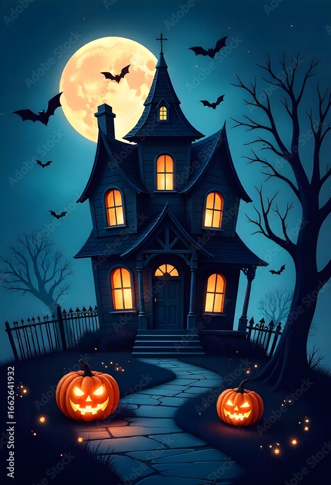 Fototapeta premium Enchanting Halloween night scene with glowing pumpkins leading to spooky haunted house under a full moon with bats flying in the night sky