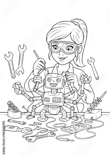A young female robot programmer building and assembling a small cute robot with multiple arms coloring page.