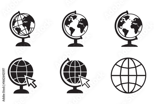 A collection of black globe icons with different styles on a white background. Each design represents global themes such as navigation, internet, travel, and education. Perfect for apps, websites, or 