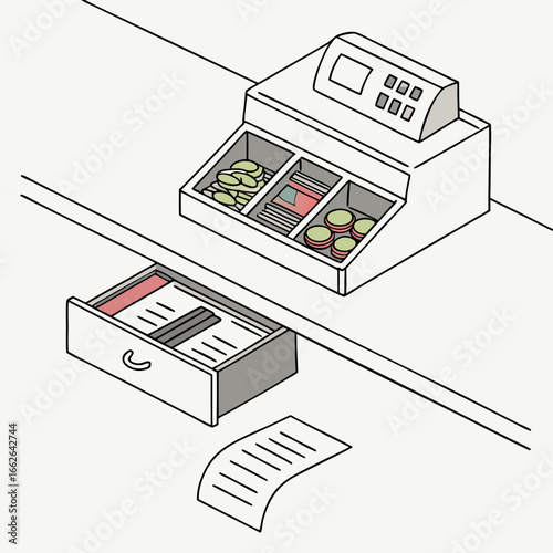 Cash Register with Open Drawer and Receipt