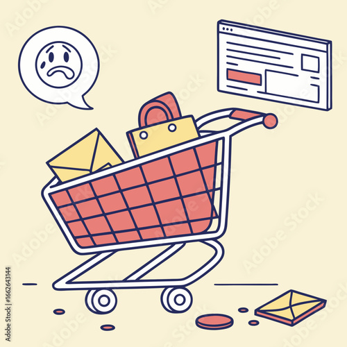 Frustrated Online Shopping Experience: A Red Shopping Cart with Unsent Packages and Error Message