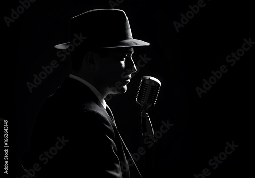 Vintage Style Man Singing into a Microphone in Profile. Generative Ai
