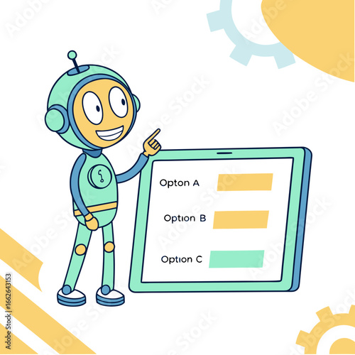 Friendly Robot Cartoon Character Pointing at a Tablet Displaying Options