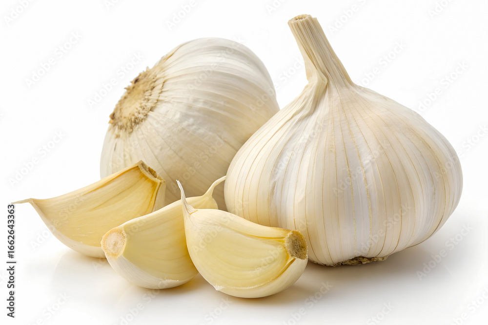 Obraz premium Whole Garlic Bulbs with Peeled Cloves Placed on Clean White Background