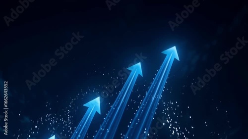 A dynamic CGI animation of glowing blue arrows shooting upward into the sky, symbolizing financial growth and success. Trails of light and sparkling particles emphasize momentum.
