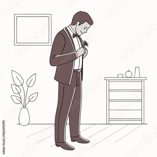 Man in Brown Suit Adjusting Boutonniere Before Wedding