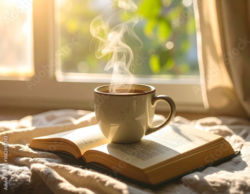 Intimate Coffee and Book Composition with Natural Sunlight