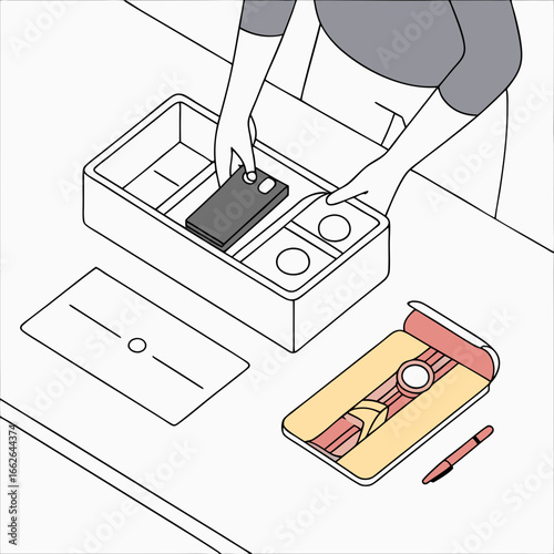 Person Unboxing New Phone and Watch Accessories in Minimalist Isometric Illustration