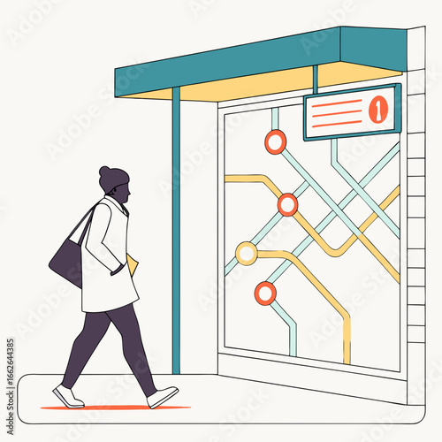 Person Walking Past Subway Map at City Transit Station