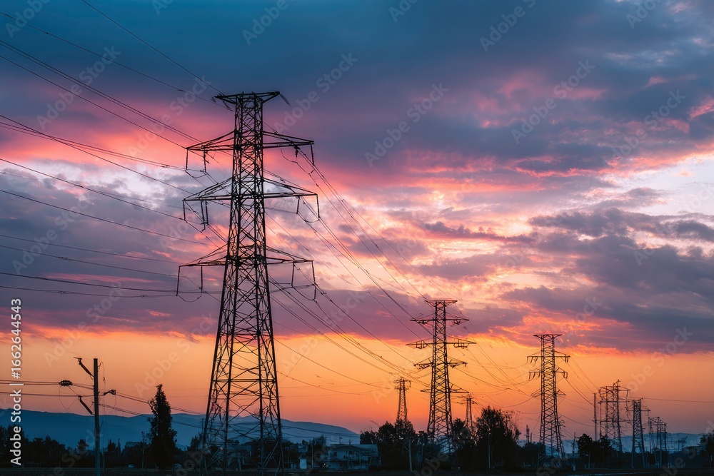 Fototapeta premium Power lines stretch across a colorful sunset sky with hues of orange pink and gray clouds