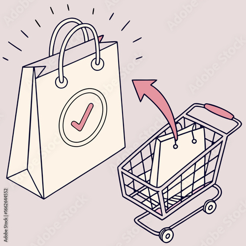 Shopping Bag Added to Cart:  Pastel Illustration of Online Purchase Confirmation