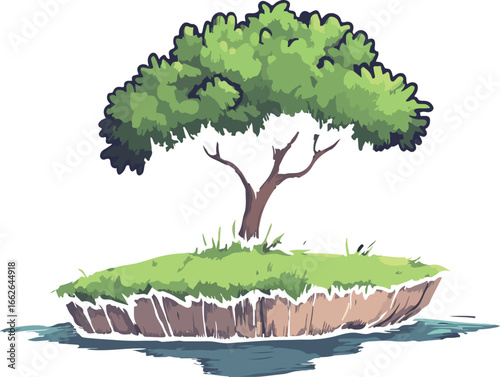Stylized illustration of a solitary tree growing on a small grassy island floating in water