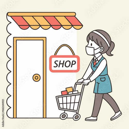 Woman in Mask Pushing Shopping Cart Past Shop