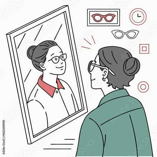 Woman Looking at Her Reflection in a Mirror Wearing New Glasses