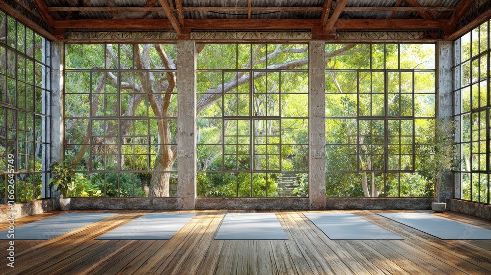 Fototapeta premium Rustic yoga studio with large windows