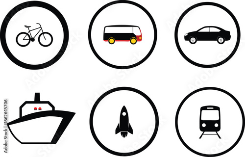 Collection of six circular icons featuring different modes of transportation including a bicycle car bus ship rocket and train