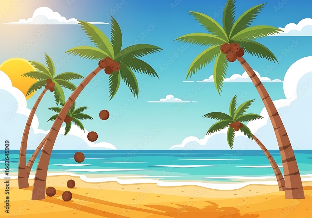 Fototapeta premium Tropical beach paradise with swaying palm trees and coconuts under a sunny summer sky