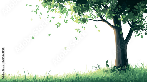 Solitary mature oak tree with lush green leaves and grass under a bright sky