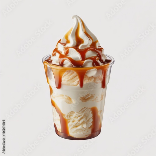 Delicious caramel drizzle soft serve ice cream sundae in a clear cup close-up white background
