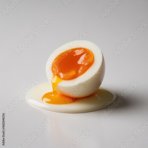 Perfectly cooked soft-boiled egg with a runny yolk spilling onto a clean plate close-up food photography white background
