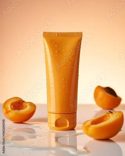 Realistic mockup of orange tube packaging with fresh apricots for skincare products royalty free stock footage premium quality