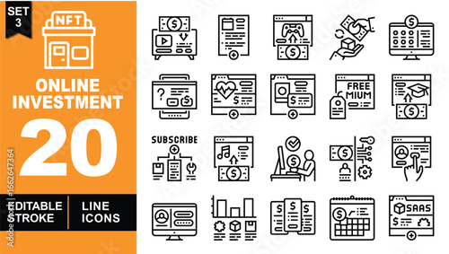 Online Investment line icon set. Exclusive Online Investment line icon collection. Containing NFT, Video, Document, Gaming, Exchange, Monitor, Question, Heart, Premium, Education. Editable stroke